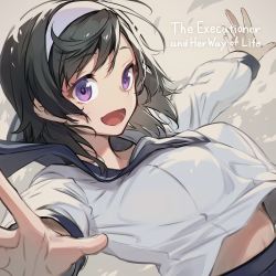Rule 34 | 1girl, black hair, breasts, hairband, highres, large breasts, logo, looking at viewer, nilitsu, official art, open arms, open mouth, purple eyes, shadow, shirt, shokei shoujo no virgin road, short hair, simple background, smile, solo, tokitou akari, white shirt