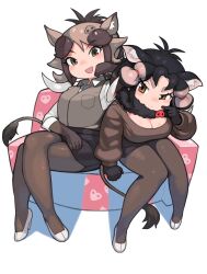 Rule 34 | 2girls, animal ears, black fur, black hair, black skirt, blush, breasts, brown eyes, brown gloves, brown hair, brown pantyhose, brown sweater, brown vest, cleavage, collared shirt, commentary request, desert warthog (kemono friends), elbow gloves, fur collar, giant forest hog (kemono friends), gloves, high heels, highres, kemono friends, large breasts, long sleeves, looking at viewer, medium breasts, multicolored hair, multiple girls, open mouth, pantyhose, pencil skirt, pig ears, pig girl, pig nose, pig tail, pink hair, rinx, shirt, short hair, sitting, skirt, smile, sweater, tail, vest, white footwear, white shirt