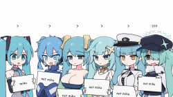 Rule 34 | 6+girls, ?, aqua hair, black eyes, black headwear, blue archive, blue eyes, blue hair, blue jacket, breasts, channel ( caststation), cleavage, closed mouth, color connection, crossover, detached sleeves, dress, ene (kagerou project), faruzan (genshin impact), genshin impact, goddess of victory: nikke, green eyes, grey shirt, hair between eyes, hair color connection, hair ornament, hair over one eye, hairstyle connection, hatsune miku, headphones, highres, hiyori (blue archive), holding, holding sign, jacket, kagerou project, large breasts, league of legends, long hair, multiple girls, necktie, open mouth, orange eyes, parted lips, ponytail, privaty (nikke), shirt, side ponytail, sign, simple background, sleeves past fingers, sleeves past wrists, sona (league of legends), sweat, track jacket, trait connection, twintails, very long hair, vocaloid, white background, x hair ornament