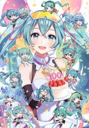 Rule 34 | 1girl, absurdres, aqua hair, bare shoulders, blue eyes, blush, breasts, cake, chibi, confetti, covered navel, cream, elbow gloves, food, fruit, gloves, goggles, goggles on head, goodsmile racing, gradient hair, grey hair, hair ornament, hatsune miku, highres, leotard, leotard under clothes, long hair, looking at viewer, medium breasts, miniskirt, morikura en, multicolored hair, multiple views, necktie, pleated skirt, racing miku, racing miku (2009), racing miku (2010), racing miku (2011), racing miku (2012), racing miku (2013), racing miku (2014), racing miku (2015), racing miku (2016), racing miku (2017), racing miku (2018), racing miku (2019), racing miku (2020), racing miku (2021), scan, simple background, skirt, sleeveless, strawberry, twintails, two-tone hair, upper body, vocaloid