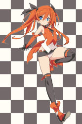 Rule 34 | 1girl, bare shoulders, black gloves, black thighhighs, blade (galaxist), blue eyes, checkered background, detached sleeves, gloves, long hair, looking at viewer, miniskirt, necktie, orange hair, over-kneehighs, panties, pantyshot, parted lips, pointy ears, skirt, solo, thighhighs, twintails, underwear, upskirt, white panties