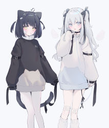 Rule 34 | 2girls, ahoge, animal ears, black bow, black choker, black hair, black shirt, blouse, blush, bow, brown eyes, cat ears, cat girl, cat tail, choker, commentary request, crossed bandaids, feet out of frame, grey background, grey eyes, grey hair, hair between eyes, hair bow, hand up, heart, heart ahoge, highres, long hair, long sleeves, loose socks, multiple girls, open mouth, original, pantyhose, puffy long sleeves, puffy sleeves, shirt, simple background, sleeves past fingers, sleeves past wrists, socks, suzumori uina, tail, tongue, tongue out, two side up, very long hair, white legwear, white shirt