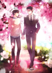 Rule 34 | 2boys, black hair, black necktie, black pants, brown footwear, eye contact, flower, formal, gl ztoh, hand in pocket, holding hands, looking at another, male focus, multiple boys, necktie, official art, outdoors, pants, petals, shoes, standing, suit, yaoi