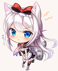 Rule 34 | 1girl, :t, american flag, american flag print, animal ears, apron, armor, armored boots, azur lane, black dress, black thighhighs, blue eyes, blush, boots, cat ears, chibi, covering privates, covering crotch, dress, flag print, frilled apron, frilled dress, frilled sleeves, frills, full body, grey background, grey footwear, hammann (azur lane), knee boots, long hair, looking at viewer, pout, print neckwear, puffy short sleeves, puffy sleeves, sakura ani, short sleeves, sidelocks, silver hair, simple background, solo, standing, thighhighs, torpedo tubes, translation request, v-shaped eyebrows, very long hair, waist apron, white apron