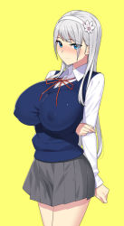 Rule 34 | 1girl, arms behind back, blue sweater vest, breasts, closed mouth, collared shirt, commentary request, covered erect nipples, eyes visible through hair, flower, grey hair, grey skirt, hair flower, hair ornament, hairband, hand on own arm, large breasts, long hair, long sleeves, looking at viewer, miniskirt, munashi mujou, neck ribbon, original, pleated skirt, red ribbon, ribbon, school uniform, shirt, simple background, skirt, smile, solo, standing, sweater vest, white flower, white hairband, white shirt, yellow background