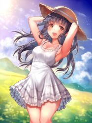 Rule 34 | 1girl, armpits, black hair, blurry, breasts, brown eyes, cloud, cloudy sky, day, depth of field, dress, dutch angle, hat, long hair, nishizawa, open mouth, original, outdoors, sideboob, sky, smile, solo, straw hat, white dress