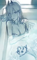 Rule 34 | 1girl, absurdres, bathing, bathtub, blue theme, breasts, chainsaw man, commentary, completely nude, covering privates, covering breasts, english commentary, hews, highres, large breasts, long hair, looking at viewer, monochrome, nude, parted lips, pochita (chainsaw man), power (chainsaw man), sitting, sketch, solo, wet, wet hair