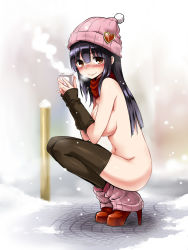 Rule 34 | 1girl, alternate breast size, alternate hair length, alternate hairstyle, arm warmers, beanie, black hair, black thighhighs, blunt bangs, blush, breasts, brown eyes, brown footwear, brown hair, brown thighhighs, commentary, creatures (company), cup, dawn (pokemon), female focus, fingerless gloves, from side, full-face blush, game freak, gloves, hat, heart, high heels, highres, hime cut, holding, knees, leg warmers, legs, long hair, looking at viewer, medium breasts, naked scarf, navel, nintendo, nude, nudist, original, ornament, outdoors, pink hat, pink thighhighs, pinky out, platform footwear, pokemon, pokemon dppt, pole, pom pom (clothes), public indecency, red footwear, red neckwear, ribbed legwear, road, scarf, shiny clothes, shiny legwear, shoes, smile, snow, snowing, solo, squatting, steam, stiletto heels, street, tareme, thighhighs, thighs, zaxwu, zenra