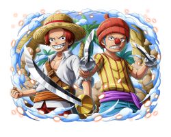 Rule 34 | 2boys, beanie, blue hair, buggy the clown, grin, hat, holding, holding sword, holding weapon, male focus, multiple boys, official art, one piece, one piece treasure cruise, palm tree, red hair, red nose, shanks (one piece), smile, straw hat, sword, teeth, tree, weapon