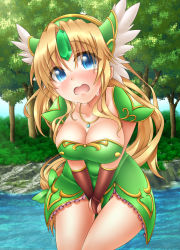 Rule 34 | 1girl, absurdres, armor, between legs, blonde hair, blue eyes, blush, breasts, bridal gauntlets, brown gloves, bush, cleavage, collarbone, covered navel, cowboy shot, crying, day, dress, elbow gloves, embarrassed, female focus, forehead jewel, gloves, green dress, hand between legs, have to pee, headgear, helmet, highres, jewelry, large breasts, leaning forward, long hair, looking at viewer, necklace, oooqqq, open mouth, outdoors, own hands together, pauldrons, riesz, river, seiken densetsu, seiken densetsu 3, shoulder armor, solo, standing, strapless, strapless dress, tears, tree, v arms, water, winged helmet