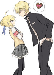 Rule 34 | 1boy, 1girl, ahoge, armband, artoria pendragon (all), artoria pendragon (fate), black jacket, black pants, black thighhighs, blonde hair, blue ribbon, braid, braided bun, closed eyes, closed mouth, crown, earrings, eye contact, fate/stay night, fate (series), from side, gilgamesh (fate), green eyes, grey skirt, hair bun, hair ribbon, hand in pocket, highres, jacket, jewelry, leaning back, leaning forward, looking at another, miniskirt, nayu tundora, open clothes, open jacket, pants, plaid, plaid skirt, pleated skirt, profile, red eyes, ribbon, saber (fate), school uniform, shirt, short hair, simple background, sketch, skirt, smile, speech bubble, standing, sweatdrop, thighhighs, valentine, vest, white background, white shirt, yellow vest