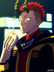 Rule 34 | 1boy, black horns, black jacket, blazbluefairy, commission, dairoku ryouhei, dumpling, food, food on face, hand up, horns, jacket, male focus, mohawk, multicolored clothes, multicolored jacket, outdoors, red hair, solo, spiked hair, steam, two-tone jacket, yellow eyes, yellow jacket