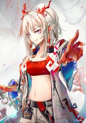 Rule 34 | 1girl, arknights, bad id, bad twitter id, bandeau, belt, black belt, breasts, commentary, cowboy shot, grey background, grin, highres, horns, long hair, looking at viewer, medium breasts, midriff, multicolored hair, navel, nian (arknights), parted lips, pointy ears, purple eyes, red bandeau, red hair, silver hair, smile, solo, standing, stomach, strapless, streaked hair, tube top, yokaze (yokajie)