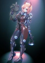 Rule 34 | 1girl, backpack, bag, blue eyes, bodysuit, breasts, goggles, gradient background, gun, highres, holding, holding goggles, holding gun, holding weapon, horns, kionaoki, looking at viewer, making-of available, mask, mask around neck, medium breasts, original, red hair, respirator, shiny clothes, short hair, signature, solo, standing, unworn goggles, weapon