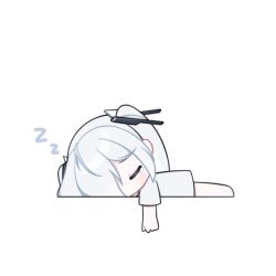 1girl alternate_costume barefoot chibi cinderella_(nikke) closed_eyes commentary full_body goddess_of_victory:_nikke hair_over_one_eye long_hair lying momori_sensei on_stomach shirt short_sleeves simple_background sleeping solo t-shirt twintails white_background white_hair zzz