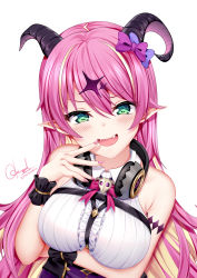 Rule 34 | 1girl, :d, asymmetrical horns, bare shoulders, blonde hair, breasts, center frills, chest harness, chrisandita, collared shirt, commentary, curled horns, demon girl, demon horns, fangs, finger to mouth, frills, hand up, harness, headphones, highres, hololive, horns, large breasts, long hair, mano aloe, multicolored hair, nail polish, open mouth, pink hair, pink nails, pointy ears, shirt, signature, simple background, sleeveless, sleeveless shirt, smile, solo, twitter username, two-tone hair, uneven horns, upper body, virtual youtuber, white background, white shirt, wrist cuffs