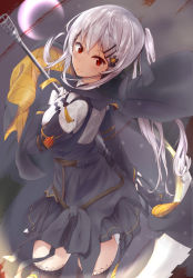 Rule 34 | 1girl, alternate costume, antenna hair, anti-materiel rifle, bare tree, bat (animal), bird, black skirt, black thighhighs, blush, bolt action, bullpup, chashire106, cowboy shot, crescent moon, expressionless, floating hair, from behind, from side, girls&#039; frontline, gloves, grey hair, gun, hair between eyes, hair ornament, hairclip, halloween, high-waist skirt, highres, holding, holding gun, holding weapon, iws 2000 (girls&#039; frontline), iws 2000 (the seventh sealer) (girls&#039; frontline), lace, lace-trimmed legwear, lace trim, long hair, moon, mouth hold, needlegun, night, night sky, official alternate costume, orange eyes, ponytail, prototype design, red eyes, rifle, scope, scythe, shirt, skirt, sky, smile, sniper rifle, standing, star (symbol), steyr arms, steyr iws 2000, steyr mannlicher, tape, thighhighs, thighs, tree, weapon, white gloves, white hair, white shirt, wind