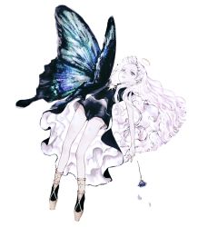 Rule 34 | 1girl, antennae, bad id, bad pixiv id, black dress, blue flower, bracelet, bug, butterfly, dress, floating hair, flower, full body, halo, highres, insect, jewelry, long hair, original, oversized insect, parted lips, shirone (coxo ii), shoes, simple background, solo, very long hair, white background, white eyes, white hair