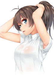 Rule 34 | 1girl, antenna hair, armpits, arms up, blue eyes, breasts, breath, brown hair, collared shirt, ganaha hibiki, hair between eyes, idolmaster, idolmaster (classic), large breasts, long hair, looking at viewer, open mouth, ponytail, see-through, shirt, short sleeves, simple background, solo, sweat, torii yoshitsuna, tying hair, upper body, white background, white shirt