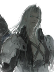Rule 34 | 1boy, armor, belt, black coat, black wings, chest strap, coat, commentary, dark, evil smile, feathered wings, final fantasy, final fantasy vii, final fantasy vii remake, green eyes, grey hair, high collar, highres, kebory, long bangs, long hair, male focus, open clothes, open coat, parted bangs, parted lips, pauldrons, sephiroth, shoulder armor, single wing, slit pupils, smile, solo, upper body, white background, wings