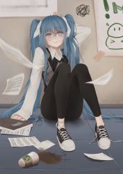 Rule 34 | 1girl, @ @, amarisuu, aqua hair, artist name, black footwear, black legwear, book, coffee, coffee cup, collared shirt, commentary request, cup, disposable cup, full body, glasses, hand up, hatsune miku, highres, knees up, long hair, messy hair, pants, paper, round eyewear, shirt, shoelaces, shoes, sitting, smile, sneakers, solo, spill, squiggle, sweater vest, teeth, thighs, twintails, two-tone footwear, very long hair, vocaloid, white footwear, white shirt