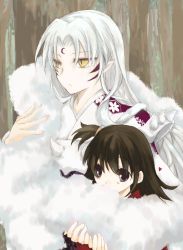 Rule 34 | 1boy, 1girl, age difference, black eyes, black hair, covering face, covering own mouth, covering privates, cuddling, demon, fur, hexagon, inuyasha, lampnote17, long hair, one side up, pointy ears, rin (inuyasha), sesshoumaru, slit pupils, white theme, yellow eyes