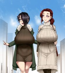 Rule 34 | 2girls, :d, aqua eyes, ayako (twrlare), bag, belt, black hair, blue sky, blush, breasts, cloud, coat, day, feet out of frame, forehead, fur trim, green coat, hair over one eye, handbag, huge breasts, lips, looking to the side, mole, mole under eye, mother and daughter, multiple girls, open mouth, original, pantyhose, pink eyes, pointing, ponytail, red hair, ribbed sweater, saya (twrlare), shopping, short hair, sky, smile, sweater, thighs, twrlare