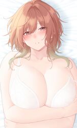 Rule 34 | 1girl, aketa mikoto, blush, bra, breasts, brown hair, cleavage, collarbone, commentary request, crossed arms, gradient hair, grey eyes, hair intakes, highres, idolmaster, idolmaster shiny colors, kirou (kiruyuu1210), large breasts, light brown hair, looking at viewer, multicolored hair, parted lips, partial commentary, solo, strap slip, underwear, underwear only, upper body, white bra