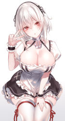 Rule 34 | 1girl, absurdres, anchor choker, anchor necklace, apron, azur lane, black dress, blush, breasts, cleavage, commentary, cowboy shot, dress, eyelashes, hair between eyes, hairband, head tilt, highres, invisible chair, large breasts, looking at viewer, maid, maid apron, necklace, parted lips, pottsness, red eyes, short hair, silver hair, simple background, sirius (azur lane), sitting, solo, thighhighs, thighs, v, white background, white thighhighs, wrist cuffs, zettai ryouiki