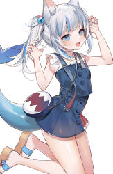 Rule 34 | 1girl, :d, animal ear fluff, animal ears, arms up, bag, bare arms, bare legs, bare shoulders, blue eyes, blue nails, blue skirt, blue vest, blunt bangs, blush, cat ears, claw pose, fins, fish tail, gawr gura, gawr gura (casual), handbag, high-waist skirt, highres, hololive, hololive english, jumping, kemonomimi mode, looking at viewer, machi (7769), nail polish, official alternate costume, open mouth, ponytail, sandals, shark tail, sharp teeth, shoulder bag, sidelocks, skirt, smile, solo, tail, teeth, upper teeth only, v-shaped eyebrows, vest, virtual youtuber