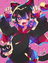 Rule 34 | 1girl, animal ears, arms up, black hair, black hoodie, cat ears, cat girl, cat tail, character request, commission, fang, highres, hood, hoodie, indie virtual youtuber, looking at viewer, one eye closed, pixiv commission, red eyes, short hair, skin fang, solo, tail, virtual youtuber, yuusuke-kun
