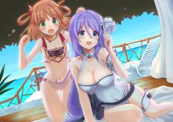 Rule 34 | 2girls, beach, blue eyes, blush, breasts, cleavage, commentary request, cross-laced clothes, cross-laced top, day, hair between eyes, hair ornament, hair rings, highres, large breasts, long hair, looking at viewer, multiple girls, navel, ocean, open mouth, orange hair, princess connect!, purple hair, ribbon, rino (princess connect!), shizuru (princess connect!), siblings, sisters, sky, small breasts, swimsuit, sylvaniaf, wooden floor