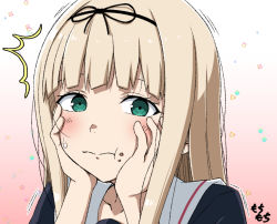 Rule 34 | 1girl, black ribbon, black serafuku, blonde hair, commentary request, food, food on face, gradient background, green eyes, hair ribbon, hands on own face, kantai collection, long hair, looking at viewer, moti coi, ribbon, sailor collar, school uniform, serafuku, solo, straight hair, upper body, white sailor collar, yuudachi (kancolle)