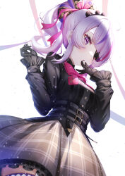 Rule 34 | 1girl, ahoge, black shirt, bow, breasts, eyepatch, gloves, hair ornament, heart, heart ahoge, highres, jacket, long sleeves, looking at viewer, maria marionette, medium breasts, multicolored hair, nijisanji, nijisanji en, one eye covered, open mouth, pink hair, purple eyes, purple hair, shirt, side ponytail, skirt, solo, streaked hair, virtual youtuber, white background, zzz (zzz00166403zzz)