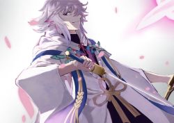 Rule 34 | 1boy, ahoge, bishounen, center frills, fate/grand order, fate (series), flower, flower knot, frills, hair between eyes, hair ornament, highres, holding, holding staff, holding sword, holding weapon, hood, hood down, hooded robe, leondrawing, long hair, long sleeves, looking at viewer, looking to the side, male focus, merlin (fate), multicolored hair, petals, pink ribbon, purple eyes, ribbon, robe, simple background, smile, solo, staff, sword, tassel, turtleneck, two-tone hair, upper body, very long hair, weapon, white background, white hair, white robe, wide sleeves