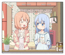Rule 34 | 2girls, bag, blue eyes, blue hair, blue nightgown, buttons, closed eyes, closed mouth, cocoa powder, commentary, counter, cup, cupboard, flat chest, floral print, gochuumon wa usagi desu ka?, holding, holding cup, hot chocolate, hoto cocoa, jacket, kafuu chino, light blue hair, light blush, long hair, long sleeves, looking at another, loungewear, mohei, mug, multiple girls, nightgown, open mouth, orange hair, paper roll, pink nightgown, plant, pom pom (clothes), potted plant, refrigerator, short hair, sidelocks, sleeves past wrists, smile, standing, steam, striped clothes, striped jacket, upper body, wallpaper (object)
