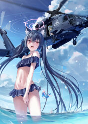 Rule 34 | 4girls, absurdres, aircraft, animal ear fluff, animal ears, ass, ayane (blue archive), bare shoulders, bikini, black bikini, black hair, blue archive, blush, breasts, cat ears, commentary request, frilled bikini, frills, hair ribbon, halo, helicopter, highres, hoshino (blue archive), hoshino (swimsuit) (blue archive), long hair, looking at viewer, multiple girls, navel, nonomi (blue archive), nonomi (swimsuit) (blue archive), ocean, off-shoulder bikini, off shoulder, official alternate costume, png pant (bus), red eyes, rescue, ribbon, serika (blue archive), serika (swimsuit) (blue archive), sh-60 seahawk, shiroko (blue archive), shiroko (swimsuit) (blue archive), small breasts, solo focus, stomach, swimsuit, twintails, very long hair, wading, wet