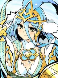 Rule 34 | 1girl, azura (fire emblem), blue eyes, breasts, brooch, cleavage, fire emblem, fire emblem fates, fire emblem heroes, hair ornament, jewelry, large breasts, long hair, looking at viewer, nintendo, official alternate costume, solo, upper body, yellow eyes, yukia (firstaid0)