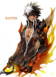 Rule 34 | 1boy, bad id, bad pixiv id, black hair, blouse, claws, elsword, gloves, jewelry, male focus, mechanical arms, multicolored hair, necklace, raven cronwell, reckless fist (elsword), scar, shirt, short hair, silver hair, simple background, single mechanical arm, sleeveless, sleeveless shirt, solo, spiked hair, streaked hair, sword, two-tone hair, weapon, white background