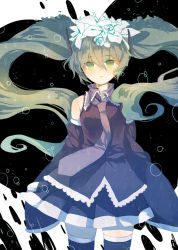 Rule 34 | 1girl, bad id, bad pixiv id, detached sleeves, floating hair, green eyes, green hair, hatsune miku, koyuiko, long hair, matching hair/eyes, necktie, nisoku hokou (vocaloid), skirt, sleeves past wrists, solo, thighhighs, twintails, very long hair, vocaloid