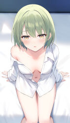 Rule 34 | 1girl, :o, absurdres, arm support, bare legs, bed sheet, blush, breasts, breasts apart, feet out of frame, green hair, highres, idolmaster, idolmaster shiny colors, looking at viewer, medium breasts, naked shirt, nanakusa nichika, navel, shirt, short hair, single bare shoulder, sitting, sleeves past wrists, solo, stomach, tobiichi origami (pixiv31950946)