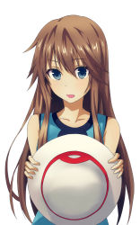 Rule 34 | 1girl, bare shoulders, blue eyes, brown hair, collarbone, creatures (company), game freak, green (pokemon), hair between eyes, hat, unworn hat, unworn headwear, highres, holding, holding hat, long hair, looking at viewer, nintendo, open mouth, pokemon, pokemon adventures, redpoke, sleeveless, solo