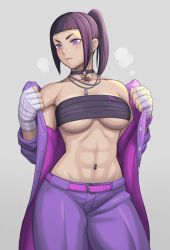 Rule 34 | 1girl, abs, bandeau, bare shoulders, belt, belt buckle, black choker, blunt bangs, breasts, buckle, buttons, chain, chain necklace, choker, closed mouth, collarbone, commentary request, cowboy shot, dog tags, ear piercing, earrings, grey background, han juri, hand wraps, hands up, heart, jacket, jewelry, long sleeves, looking away, looking to the side, medium breasts, medium hair, multicolored hair, muscular, muscular female, navel piercing, necklace, noppo (tarstation), o-ring, o-ring choker, official alternate costume, open clothes, open jacket, pants, piercing, pink belt, pink hair, pink jacket, ponytail, purple eyes, purple hair, purple jacket, purple pants, sidelocks, solo, standing, stomach, streaked hair, street fighter, street fighter v, stud earrings, sweat, unbuttoned, underboob