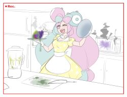 1girl alternate_costume apron archived_source blender_(object) blue_hair censored censored_food character_hair_ornament closed_eyes creatures_(company) dress game_freak gloves hair_ornament iono_(pokemon) jewelry kitchen_knife light_blue_hair long_hair microwave multicolored_hair necklace nintendo open_mouth pearl_necklace pink_hair pokemon pokemon_sv puffy_short_sleeves puffy_sleeves recording refrigerator sealguy serving_dome sharp_teeth short_sleeves smile solo teeth two-tone_hair very_long_hair waist_apron white_gloves yellow_dress