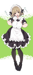 Rule 34 | 1girl, :p, absurdres, alternate costume, apron, black dress, black footwear, black pantyhose, breasts, breasts squeezed together, brown eyes, collared dress, commentary request, dress, enmaided, frilled apron, frilled dress, frills, full body, green background, hamayumiba sou, hands on own breasts, head tilt, highres, lace background, large breasts, light brown hair, looking at viewer, maehara nina, maid, maid headdress, medium dress, ochikobore fruit tart, pantyhose, romaji text, short hair, short sleeves, solo, standing, tongue, tongue out, translation request, white apron, white background
