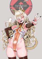 Rule 34 | 1girl, ;d, animal ears, armpits, asanagi, bare shoulders, bell, black nails, black thighhighs, blonde hair, blush, breasts, covered navel, detached sleeves, earrings, eyelashes, fangs, gluteal fold, hair ornament, hair over one eye, hairclip, hand on own hip, highres, jewelry, leotard, long hair, looking at viewer, nail polish, neck bell, one eye closed, open mouth, original, red eyes, small breasts, smile, solo, tail, teeth, thighhighs, v