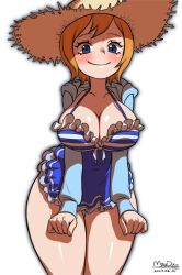 Rule 34 | 1girl, absurdres, artist name, blue dress, blue eyes, blush, breasts, cleavage, closed mouth, cowboy shot, dated, dress, frills, hat, highres, koala (one piece), large breasts, looking at viewer, maydaykiki, one piece, one piece treasure cruise, orange hair, short hair, simple background, smile, solo, straw hat, thigh gap, white background