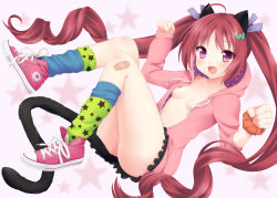 Rule 34 | 1girl, :d, absurdres, ahoge, animal ears, bad id, bad pixiv id, bandaid, bandaid on knee, bandaid on leg, blush, borrowed character, breasts, cat ears, cat tail, collarbone, converse, etou (cherry7), fang, full body, hair ornament, hazuki watora, highres, hood, hoodie, long hair, naked hoodie, no bra, no panties, open clothes, open hoodie, open mouth, original, paw pose, polka dot, print legwear, purple eyes, red hair, scrunchie, shoes, skirt, small breasts, smile, sneakers, solo, star (symbol), star print, tail, twintails, wrist scrunchie