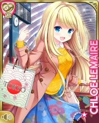 Rule 34 | 1girl, bag, blonde hair, blue eyes, blue skirt, breasts, brown coat, card (medium), character name, chloe lemaire, city, coat, day, girlfriend (kari), large breasts, long hair, official art, open mouth, outdoors, qp:flapper, shirt, skirt, smile, standing, tagme, yellow shirt