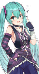 Rule 34 | 1girl, absurdres, aqua nails, arm warmers, armpits, asymmetrical sleeves, bare shoulders, blue shorts, breasts, choker, collarbone, commentary, cosplay, fingerless gloves, flower (vocaloid), flower (vocaloid4), fur-trimmed kilt, gloves, hair ornament, hand on own hip, hand up, hatsune miku, highres, index finger raised, logo, long hair, looking at viewer, nail polish, open mouth, ore-artstudio, purple gloves, purple shirt, purple vest, shirt, shorts, sideboob, single arm warmer, single glove, sleeveless, sleeveless shirt, smile, solo, striped arm warmers, torn clothes, twintails, uneven sleeves, v flower (vocaloid4) (cosplay), very long hair, vest, vocaloid